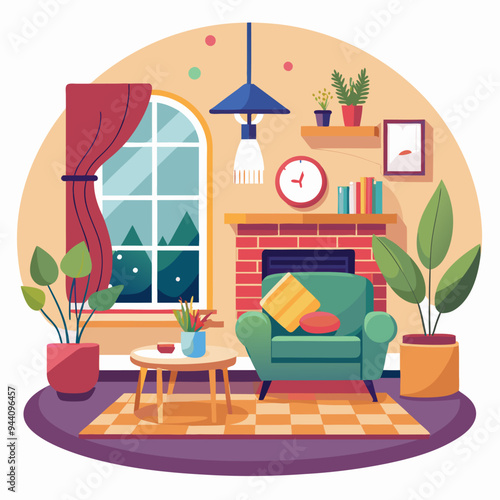 Cozy Living Room Interior with Armchair, Fireplace, and Plants