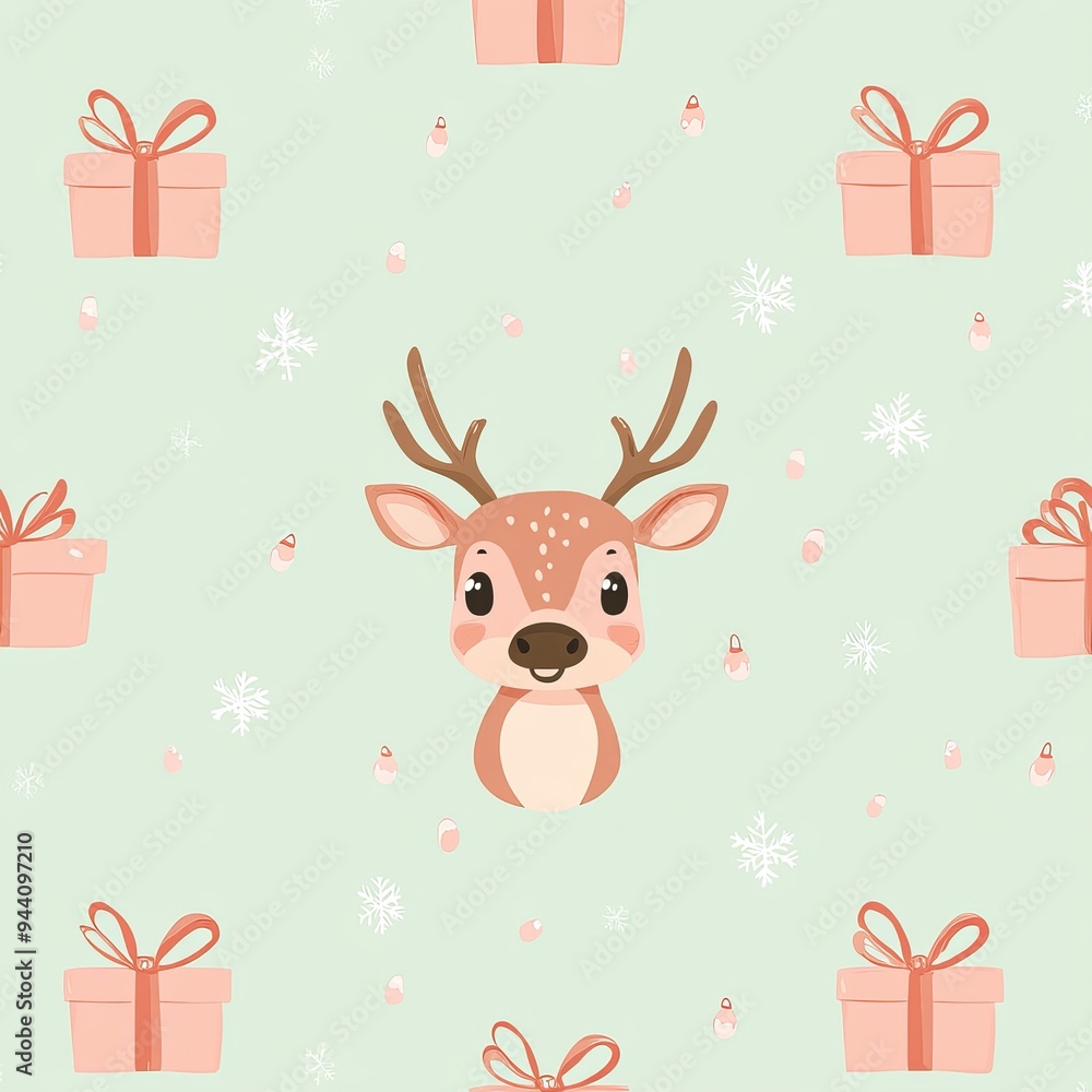 Seamless pattern of a cute reindeer holding a gift. Christmas illustration. Seamless pattern of a cute reindeer holding a gift. Christmas illustration.