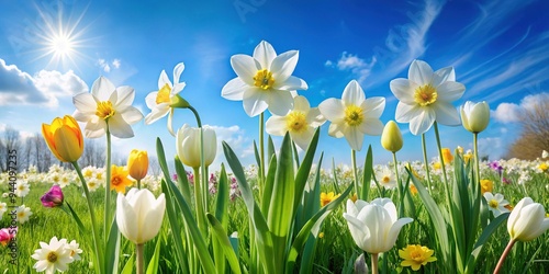 Delicate white spring flowers  including blooming daffodils and tulips  sway gently in a lush green meadow beneath a soft  serene blue sky on a sunny day.