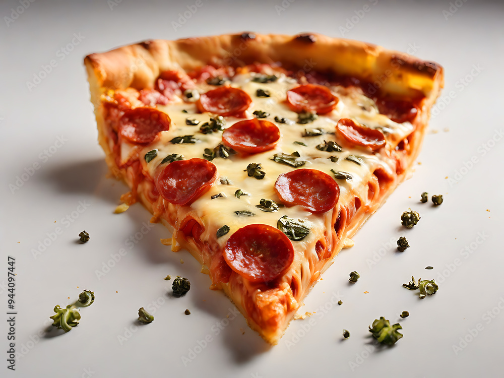 Single slice of pepperoni pizza set against a clean white background Single slice of pepperoni pizza set against a clean white background