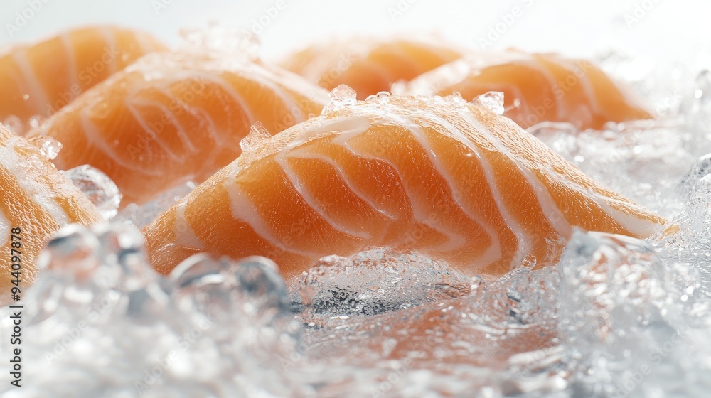 3D close-up of fresh salmon sashimi served on a layer of ice, emphasizing the rich color and texture of the fish against a white background, no people. 3D close-up of fresh salmon sashimi served on a layer of ice, emphasizing the rich color and texture of the fish against a white background, no people.