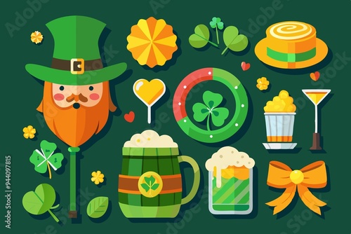 a set of objects standing alone on a green background for St. Patrick's Day 