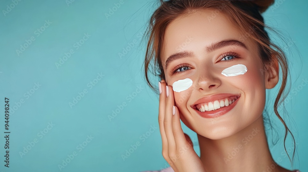 Young woman's beauty routine includes applying cream for a youthful look. Young woman's beauty routine includes applying cream for a youthful look.