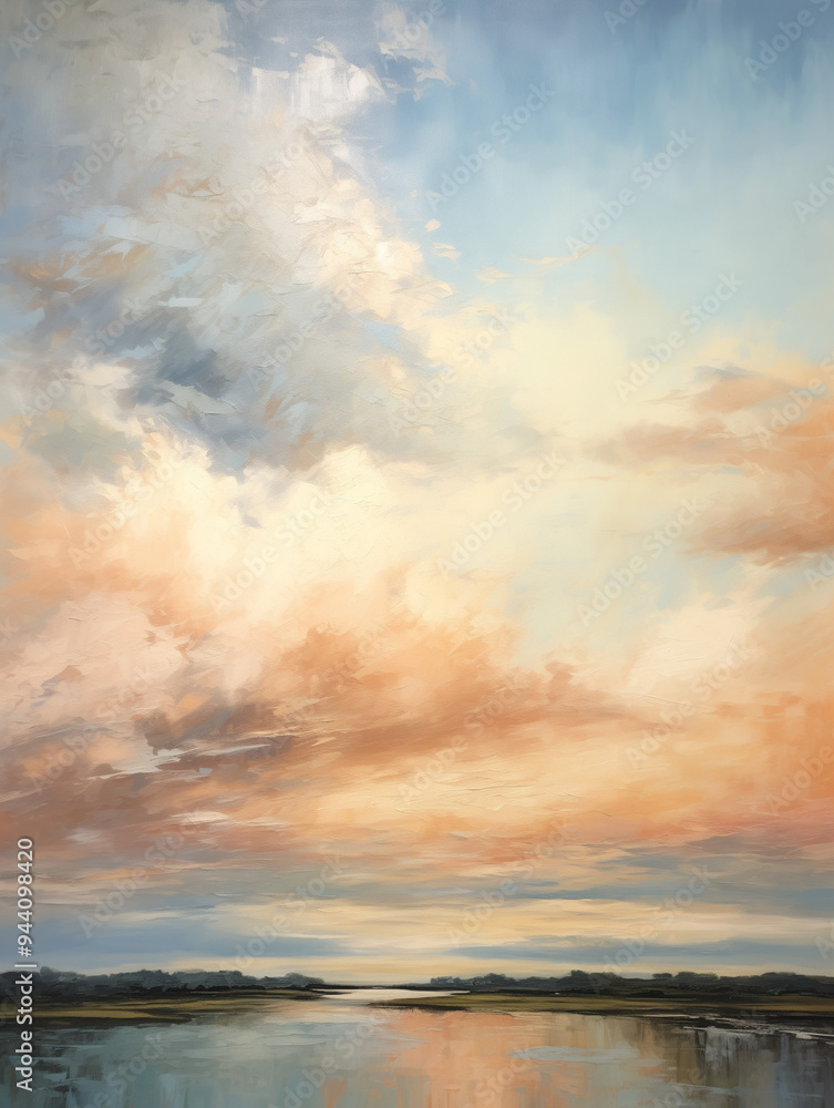 Tranquil water at sunset, expansive landscape, peaceful reflection with copy space Tranquil water at sunset, expansive landscape, peaceful reflection with copy space