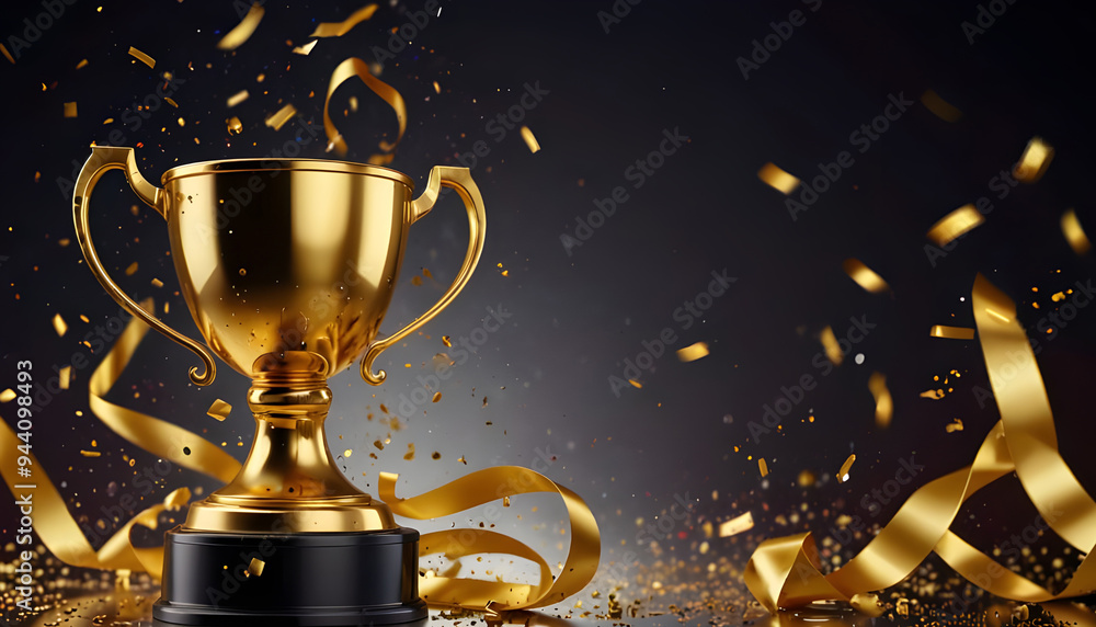 Champion trophy cup with falling confetti and streamers background. Generative AI Champion trophy cup with falling confetti and streamers background. Generative AI