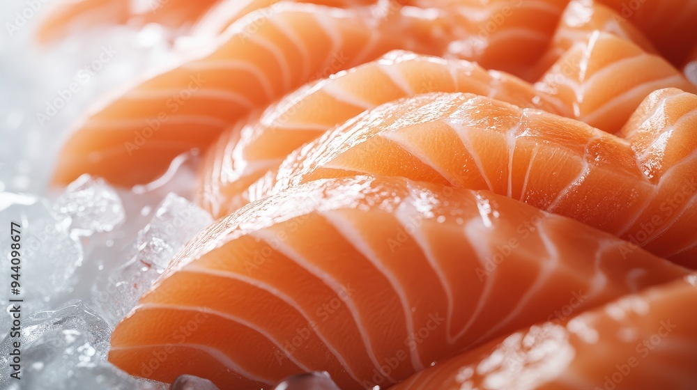 3D close-up of fresh salmon sashimi served on a layer of ice, emphasizing the rich color and texture of the fish against a white background, no people. 3D close-up of fresh salmon sashimi served on a layer of ice, emphasizing the rich color and texture of the fish against a white background, no people.
