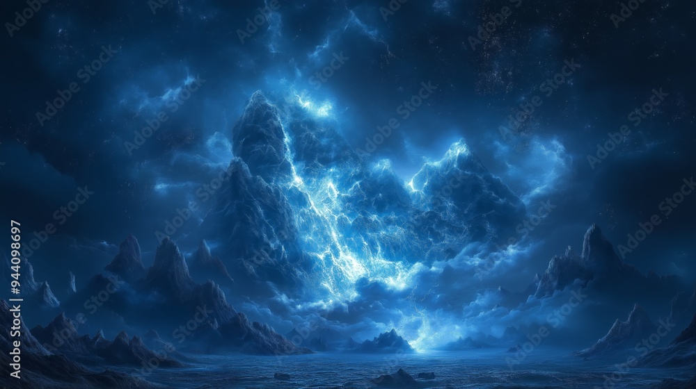 ethereal thunder storm with glowing light in cloudy sky over mountainous wasteland, otherworldly landscape ethereal thunder storm with glowing light in cloudy sky over mountainous wasteland, otherworldly landscape
