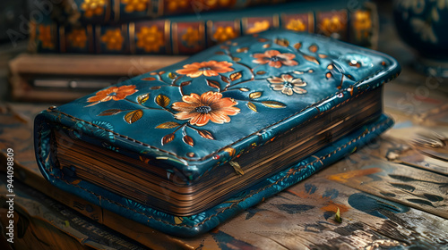 Teal Leather Bound Book with Floral Embellishments Illustration