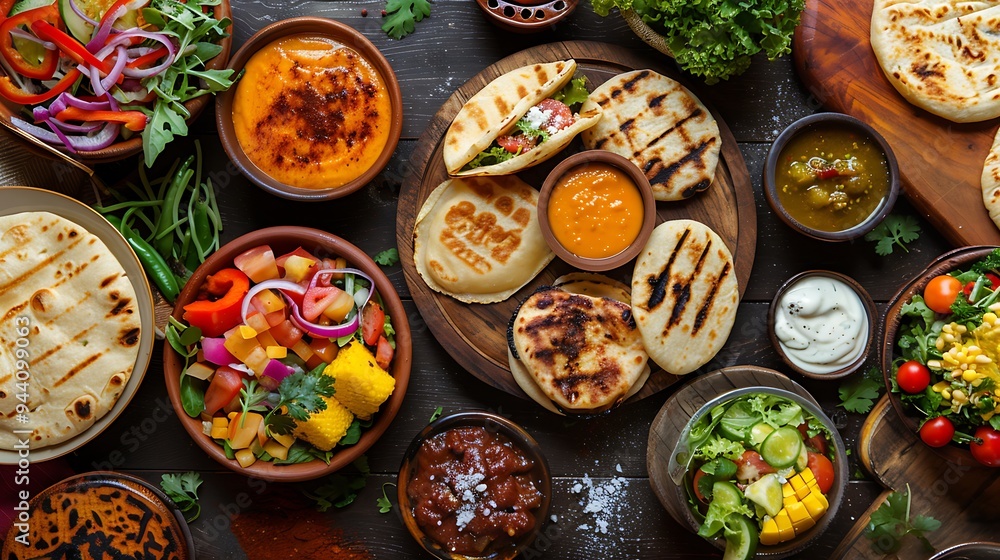 Grilled Arepas with Chicken, beef and Ham topping Grilled Arepas with Chicken, beef and Ham topping