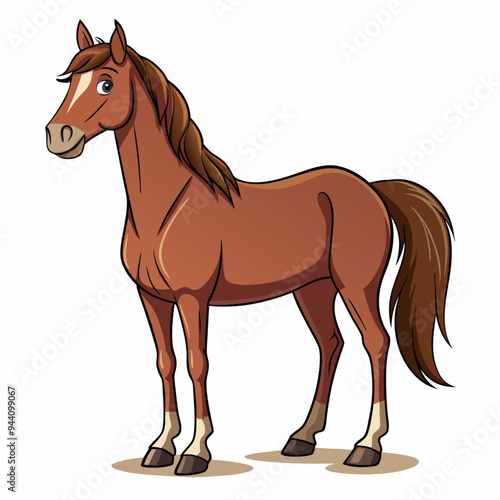 Cartoon Illustration of a Brown Horse Standing on a White Background