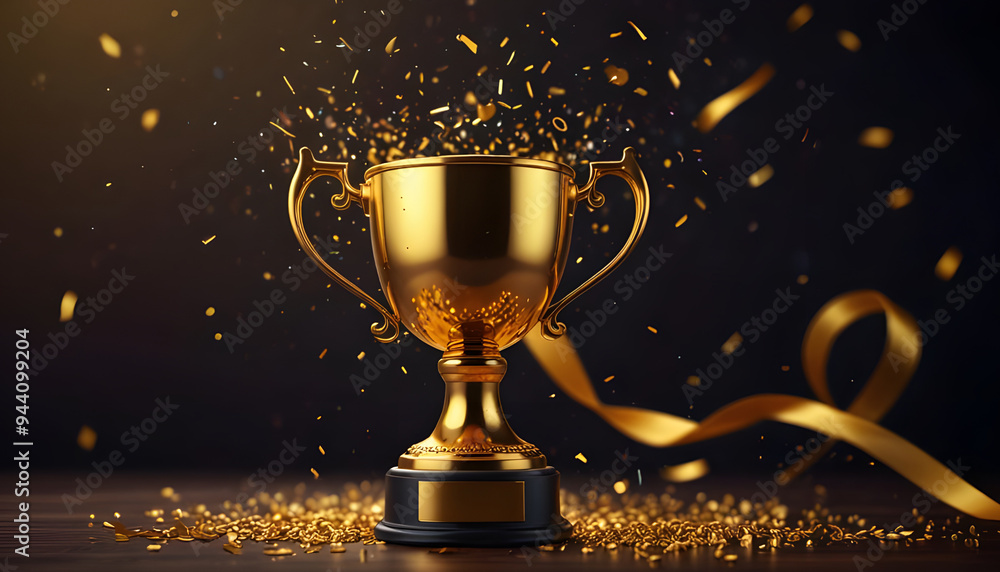 Champion trophy cup with falling confetti and streamers background. Generative AI Champion trophy cup with falling confetti and streamers background. Generative AI