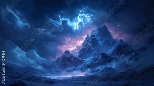 ethereal thunder storm with glowing light in cloudy sky over mountainous wasteland, otherworldly landscape 