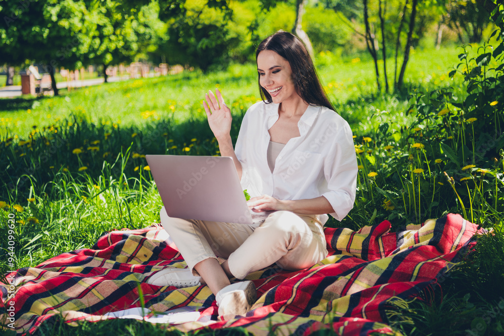 Φωτογραφία Full length photo of young girl sit picnic plaid blanket work netbook video call