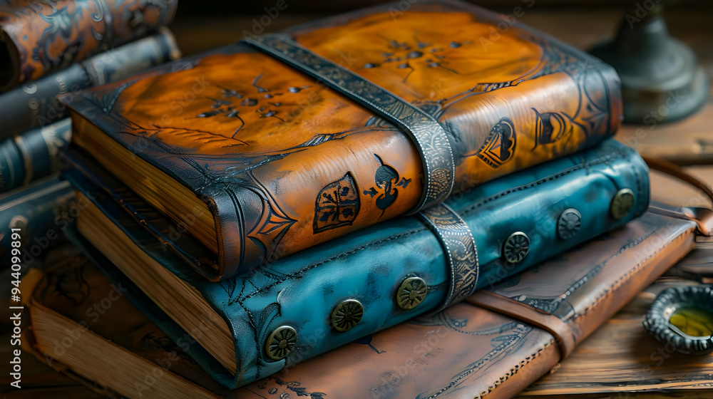 Leather-Bound Books with Ornate Designs and Clasps - Realistic Photo Leather-Bound Books with Ornate Designs and Clasps - Realistic Photo
