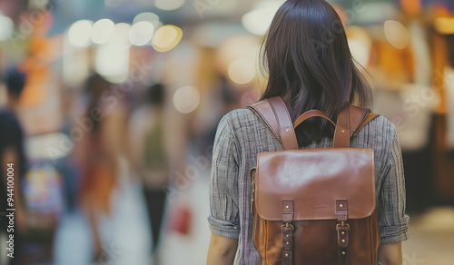 Uma mulher asiática com uma bolsa de ombro em um shopping, uma visão traseira em close de uma mulher carregando uma mochila de couro marrom enquanto caminha em uma área de mercado