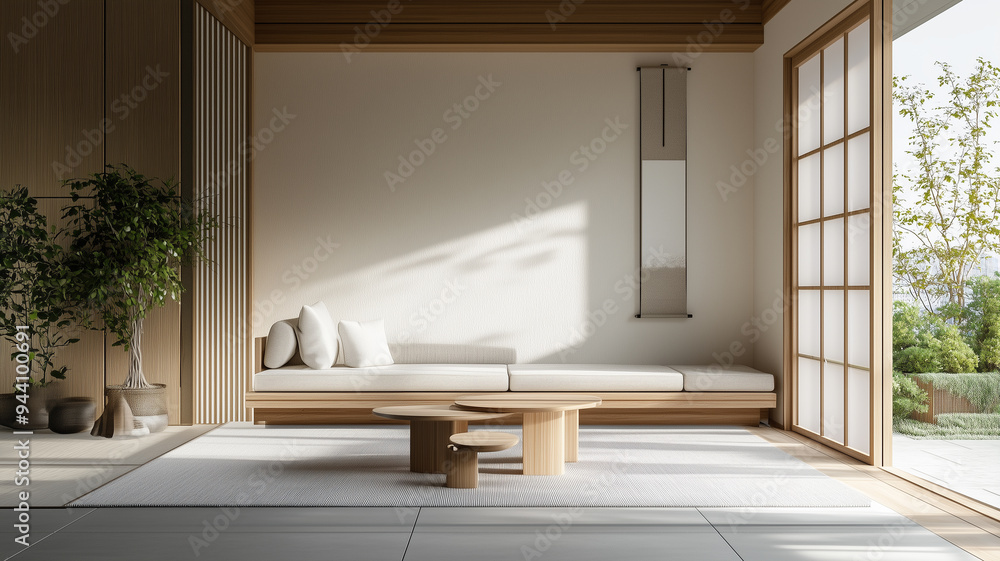 Minimalist, japandi interior design of modern living room. Elegant design living space. Minimalist, japandi interior design of modern living room. Elegant design living space.