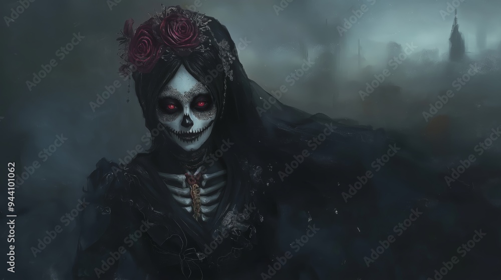 Halloween theme background, Dark bride, ghost bride wearing black veil and gown walking with cloud and smoke misty atmosphere, digital art illustration Halloween theme background, Dark bride, ghost bride wearing black veil and gown walking with cloud and smoke misty atmosphere, digital art illustration