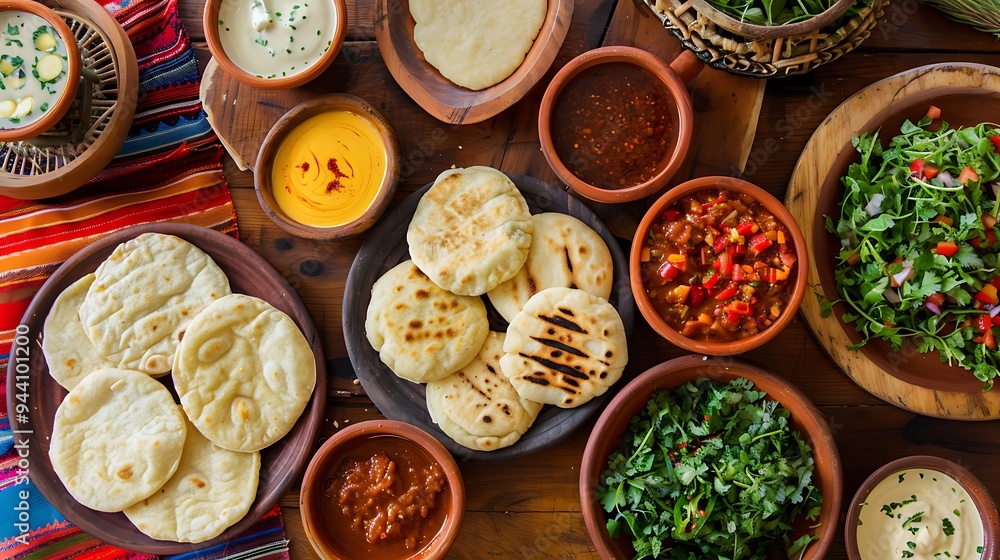 Grilled Arepas with Chicken, beef and Ham topping