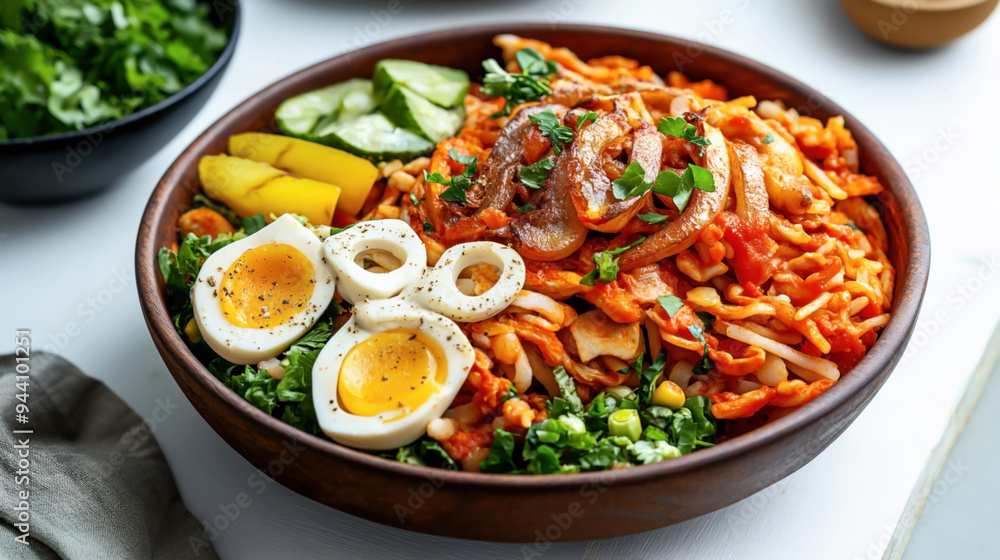 Traditional Korean food Bibim Guksu, a cold noodle dish with spicy gochujang sauce, garnished with boiled eggs, fresh vegetables, and pickled cucumbers. Traditional Korean food Bibim Guksu, a cold noodle dish with spicy gochujang sauce, garnished with boiled eggs, fresh vegetables, and pickled cucumbers.