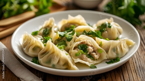 Dumplings with spring onion and ground meat on a white plate, a Chinese cuisine dish of dumplings made from dough filled with greenish, emerald-colored, sweet, tender herbs