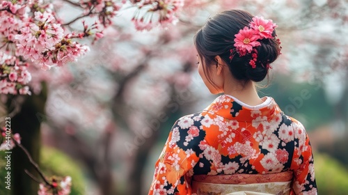 Young Japanese woman in traditional Kimono dress at Rokusonno shrine during full bloom cherry blossom period in Kyoto, Japan