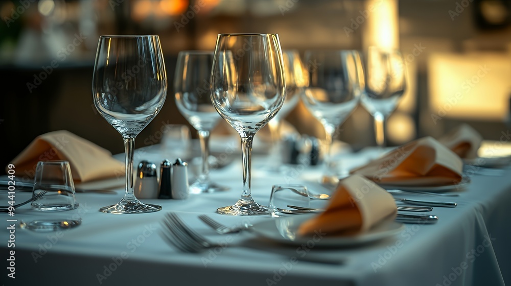 Elegant dining table set with glasses, cutlery, and folded napkins for a special occasion. Elegant dining table set with glasses, cutlery, and folded napkins for a special occasion.