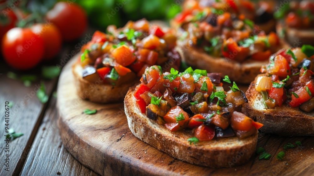 Veggie stew on toast, with garlic, parsley and spices. Veggie stew on toast, with garlic, parsley and spices.