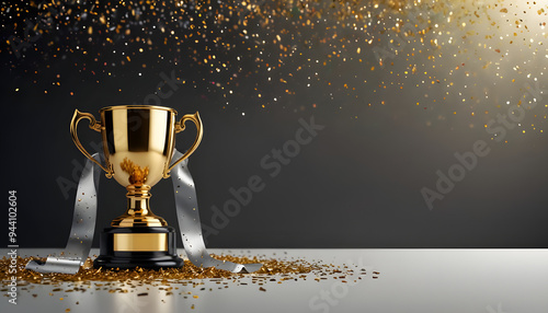 Champion trophy cup with falling confetti and streamers background. Generative AI