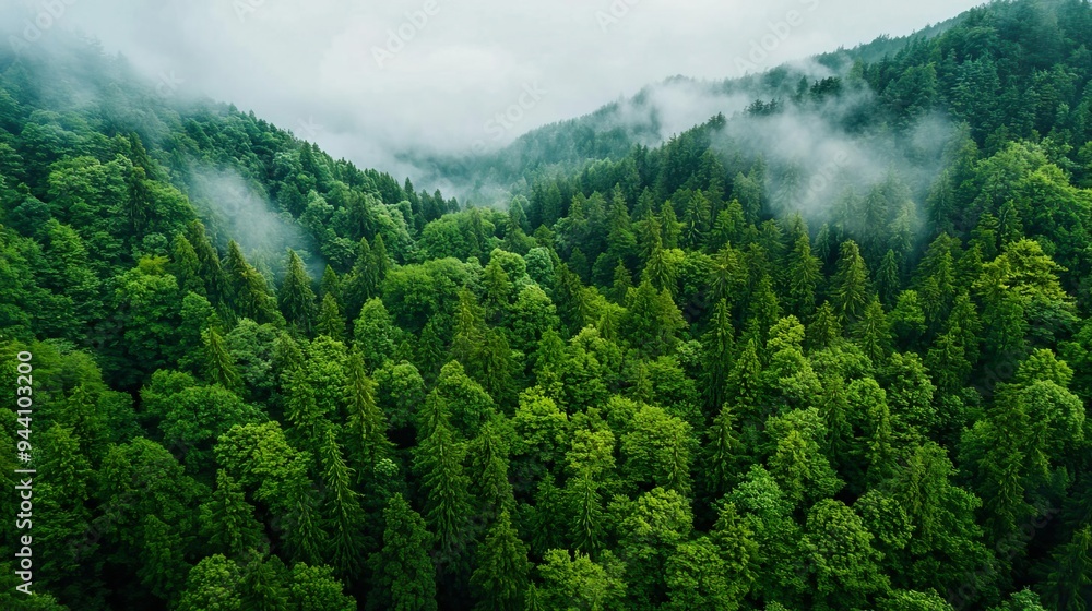 Aerial view of lush green forest with fog covering the hills. Aerial view of lush green forest with fog covering the hills.