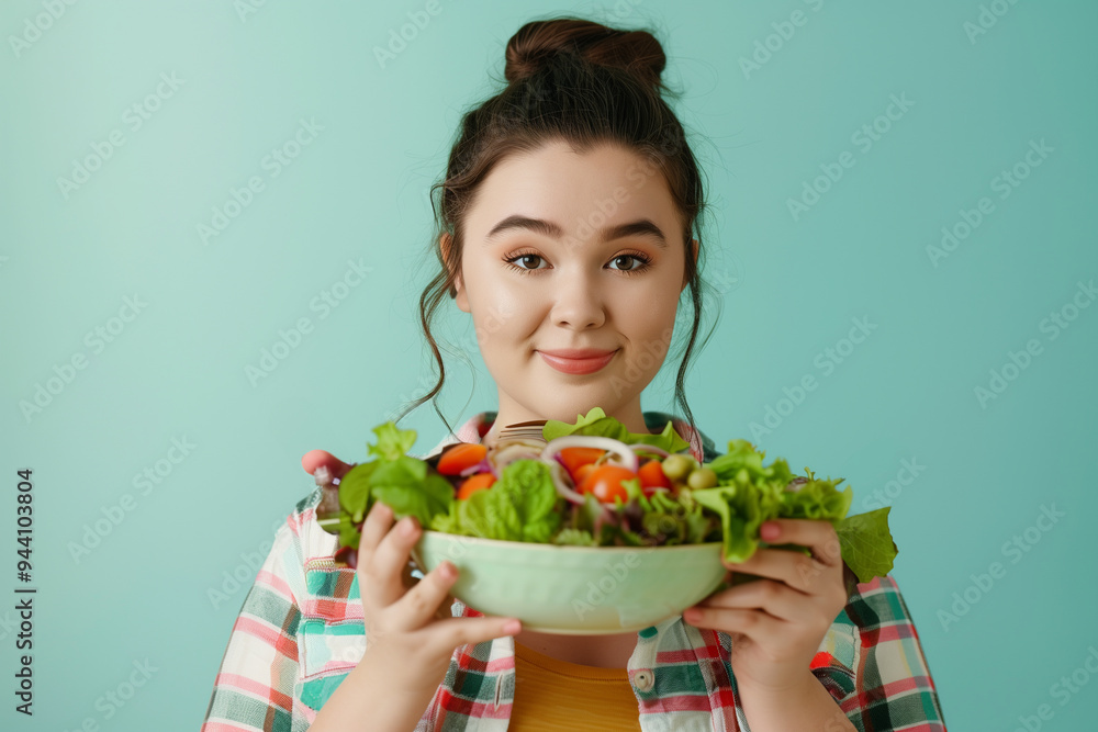 Overweight Girl Enjoying a Healthy Vegetable Salad for Wellness Overweight Girl Enjoying a Healthy Vegetable Salad for Wellness