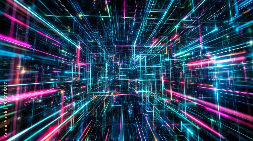 Digital Grid - Abstract, Neon, Cyberpunk, 3D, Futuristic, Lines, Glowing