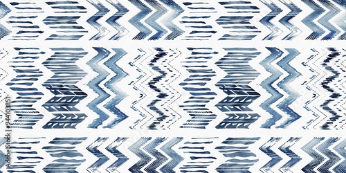 Summery ikat zig zag border pattern in painterly brushstroke digital design. Modern coastal living printed textile decor in seamless banner tape template. photo