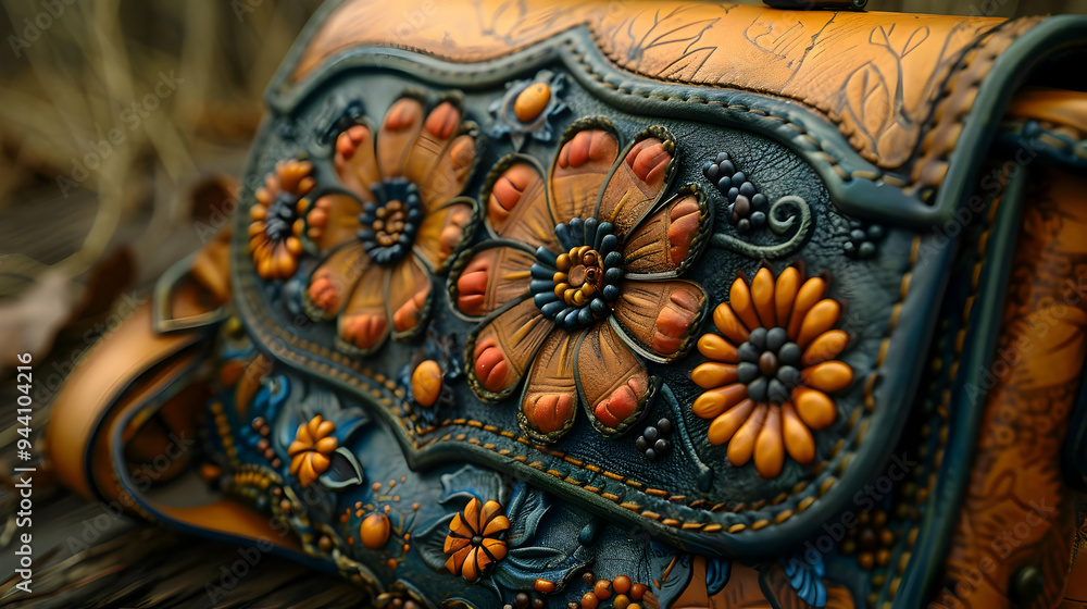 Leather Bag with Floral Embellishment - Detailed Close-up of Handcrafted Design Leather Bag with Floral Embellishment - Detailed Close-up of Handcrafted Design