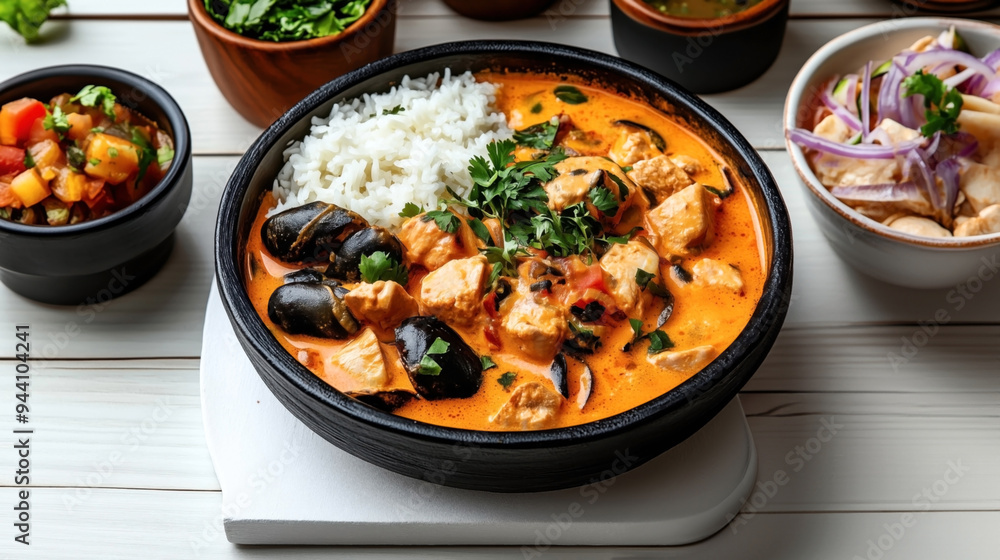 Traditional Brazilian food Moqueca with a vibrant red-orange broth, fish, mussels, herbs, and white rice, served with side dishes and cutlery on a white surface. Traditional Brazilian food Moqueca with a vibrant red-orange broth, fish, mussels, herbs, and white rice, served with side dishes and cutlery on a white surface.