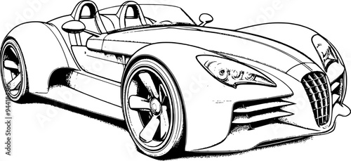 Abstract retro sports car in black and white ink drawing style, adult coloring book