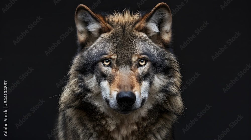Obraz premium Portrait of adult wolf on black background, generative ai