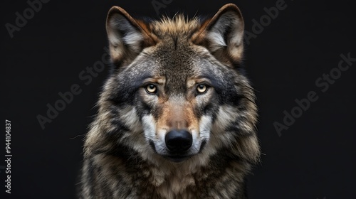 Portrait of adult wolf on black background, generative ai