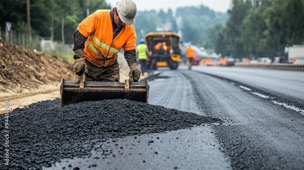 Construction Worker Spreading Asphalt on a Newly Paved Road Construction Worker Spreading Asphalt on a Newly Paved Road