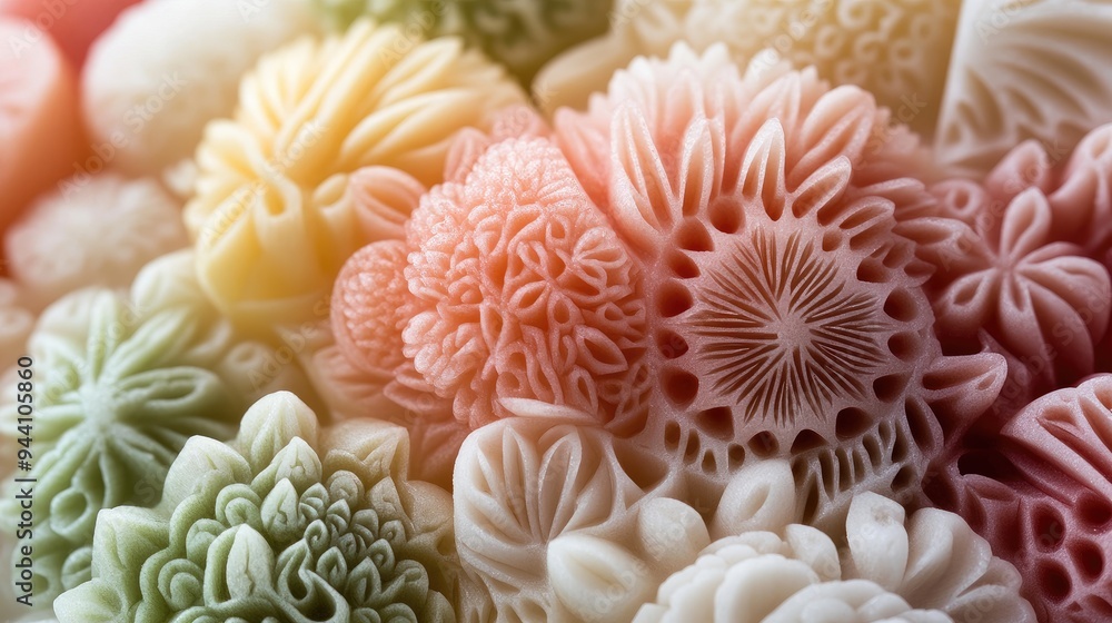 3D close-up of intricately carved Thai vegetables and fruits, showcasing detailed patterns and vibrant colors against a clean white background, no people. 3D close-up of intricately carved Thai vegetables and fruits, showcasing detailed patterns and vibrant colors against a clean white background, no people.