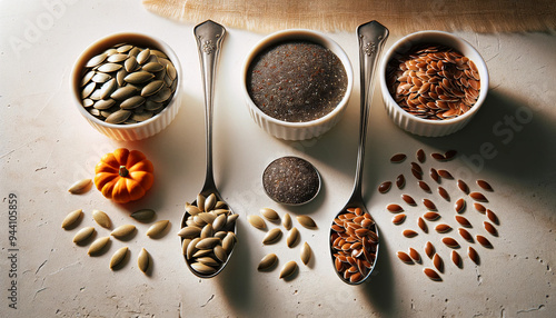 A variety of seeds on a textured white surface with a modern kitchen aesthetic. View from the top. Copy space.