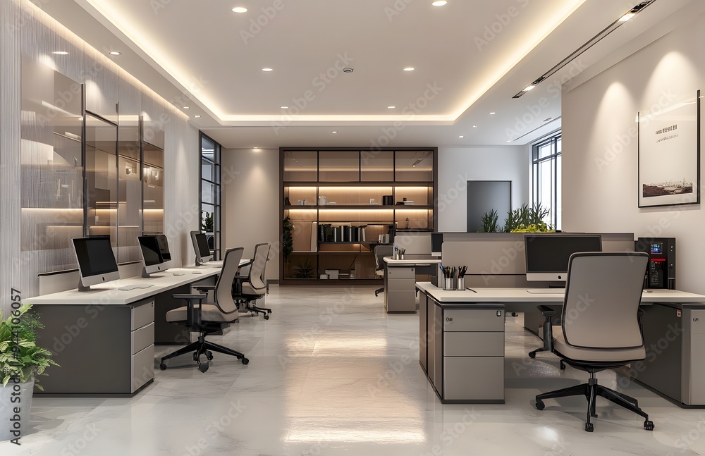 Modern office interior with desks and computers in an open space Modern office interior with desks and computers in an open space