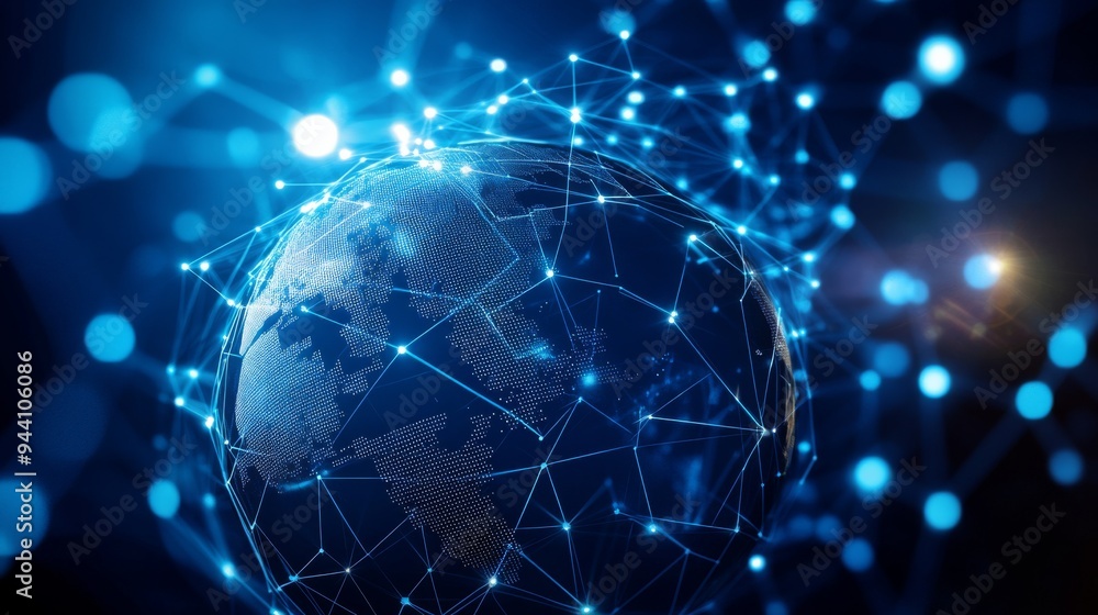 Global Network Connection - Abstract Blue Globe with Interconnected Lines and Glowing Points, Global Network, Network Connection, Technology, Connectivity Global Network Connection - Abstract Blue Globe with Interconnected Lines and Glowing Points, Global Network, Network Connection, Technology, Connectivity