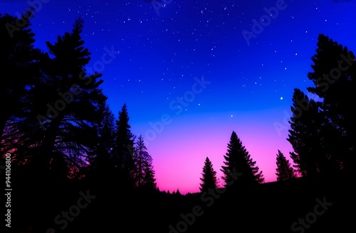 Silhouettes of forest trees under starry night violet pink sky. Summer landscape, universe or space, galaxy, stars. Astrophotography. Art wallpaper. 