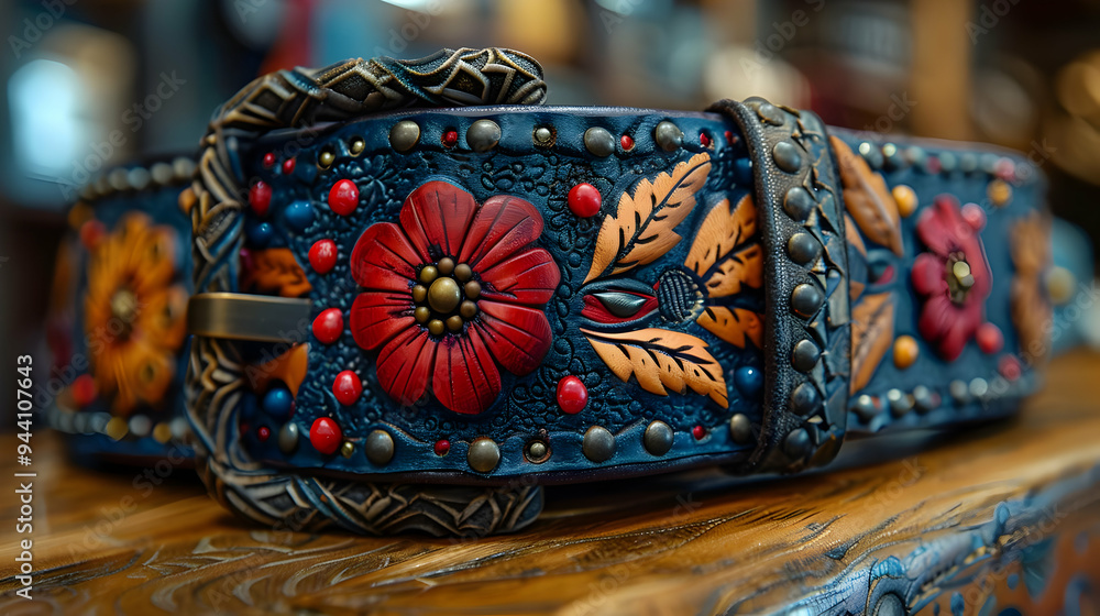 Closeup of a Leather Belt with Floral Design - Photo Closeup of a Leather Belt with Floral Design - Photo