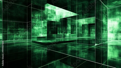 Green Glass Cube Abstract, 3D Rendering, Interior Design, Minimalist, Geometric, futuristic, modern