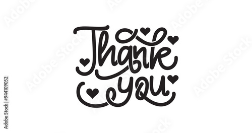 'Thank You' text handwritten typography. Handwriting lettering monoline style with love symbol ornament. Great for greeting cards, banners, and social media posts. vector Illustration