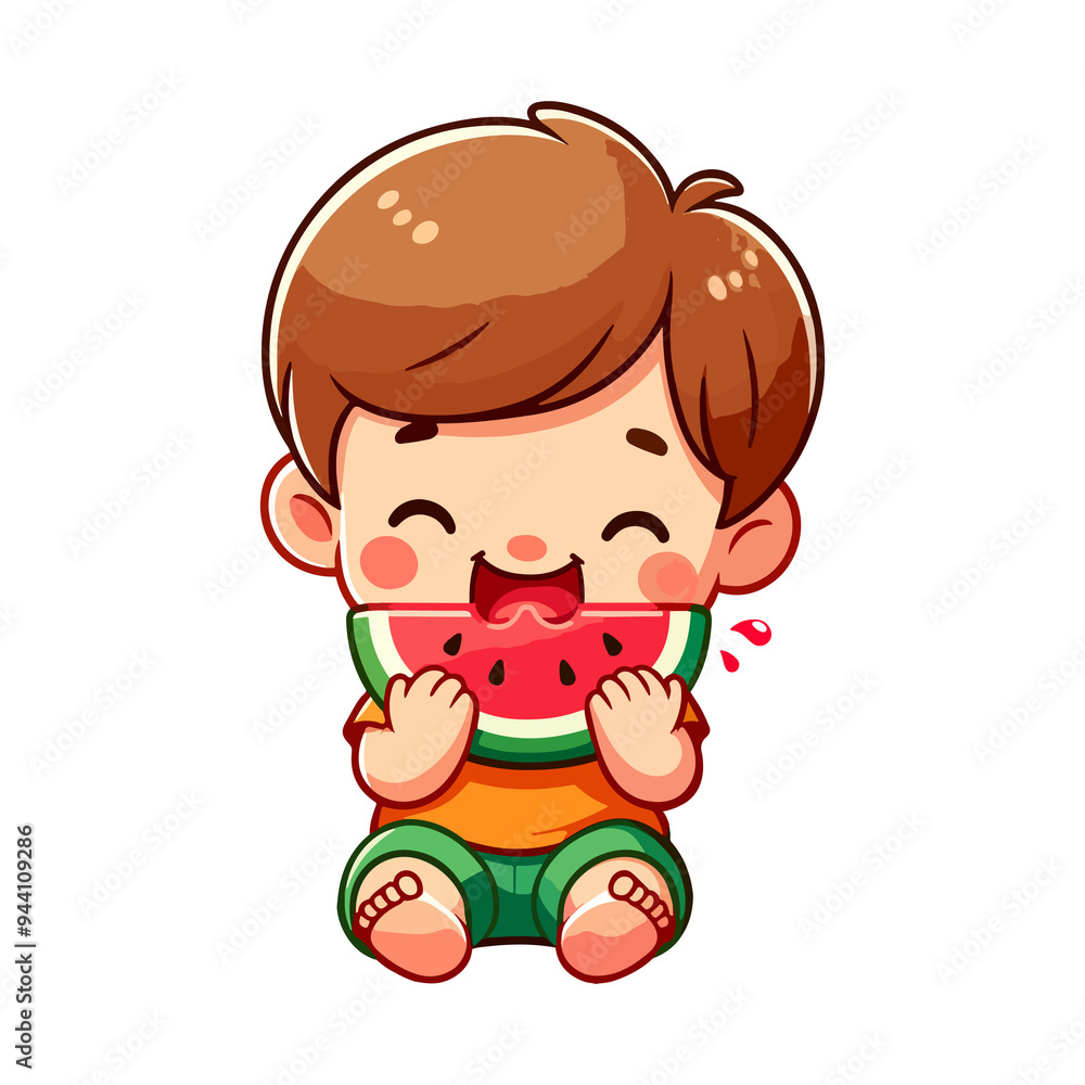 cute boy eat watermelon cartoon icon character cute boy eat watermelon cartoon icon character