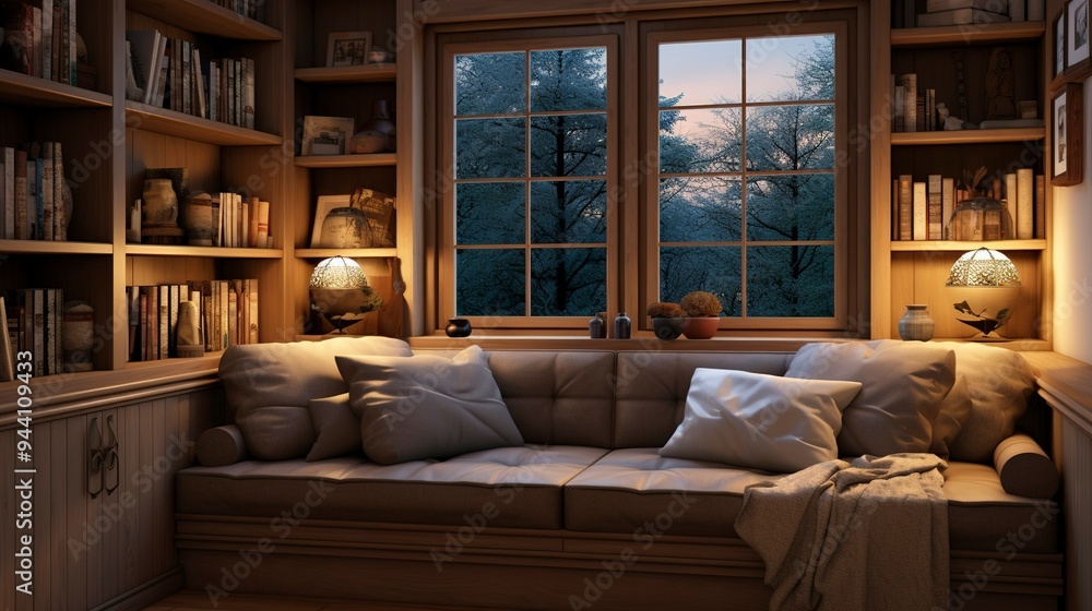Fototapeta premium A photo of a cozy reading corner with built-in bookshelf