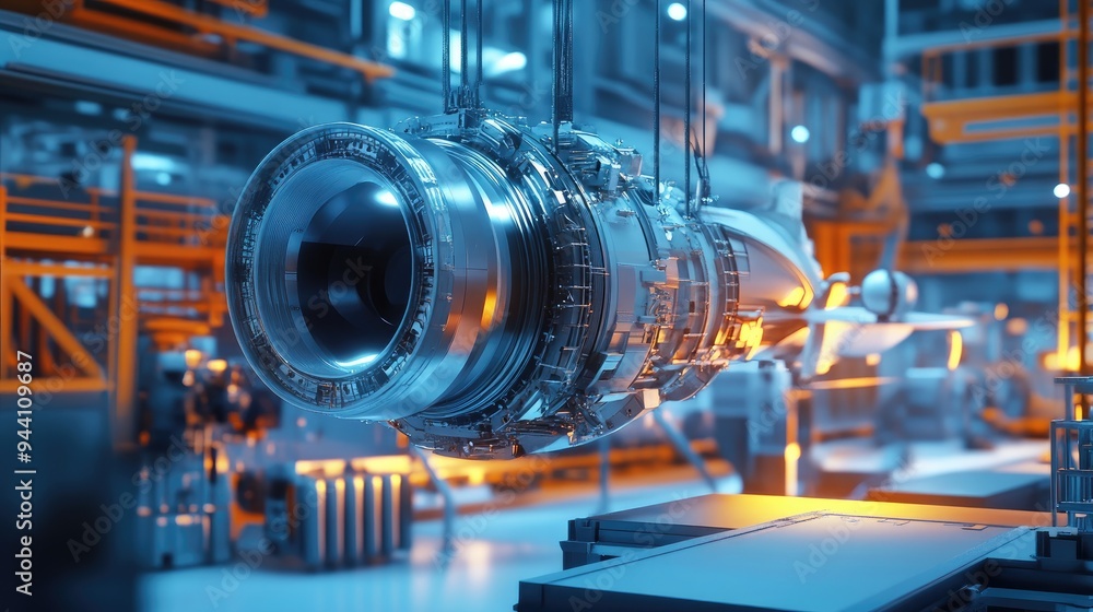 A futuristic engineering and manufacturing concept with a suspended jet enging being constructed. 3D illustration. A futuristic engineering and manufacturing concept with a suspended jet enging being constructed. 3D illustration.