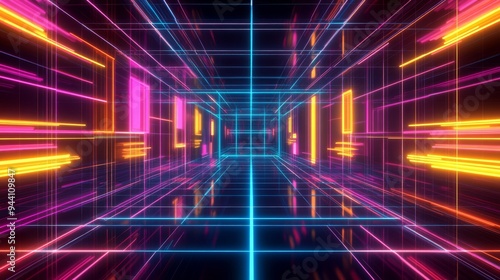 Neon Grid Corridor A 3D Rendering of a Futuristic Cyber Space with Vibrant Lights, Digital Network, Virtual Reality, Neon Lights, Cyberpunk, 3D Rendering, Cyberpunk Art